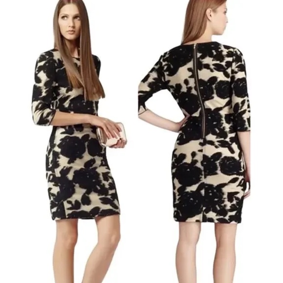 Reiss Lavine Floral Wool Blend Bodycon Dress Black Cream Gold Women's Size 10 - Picture 2 of 15